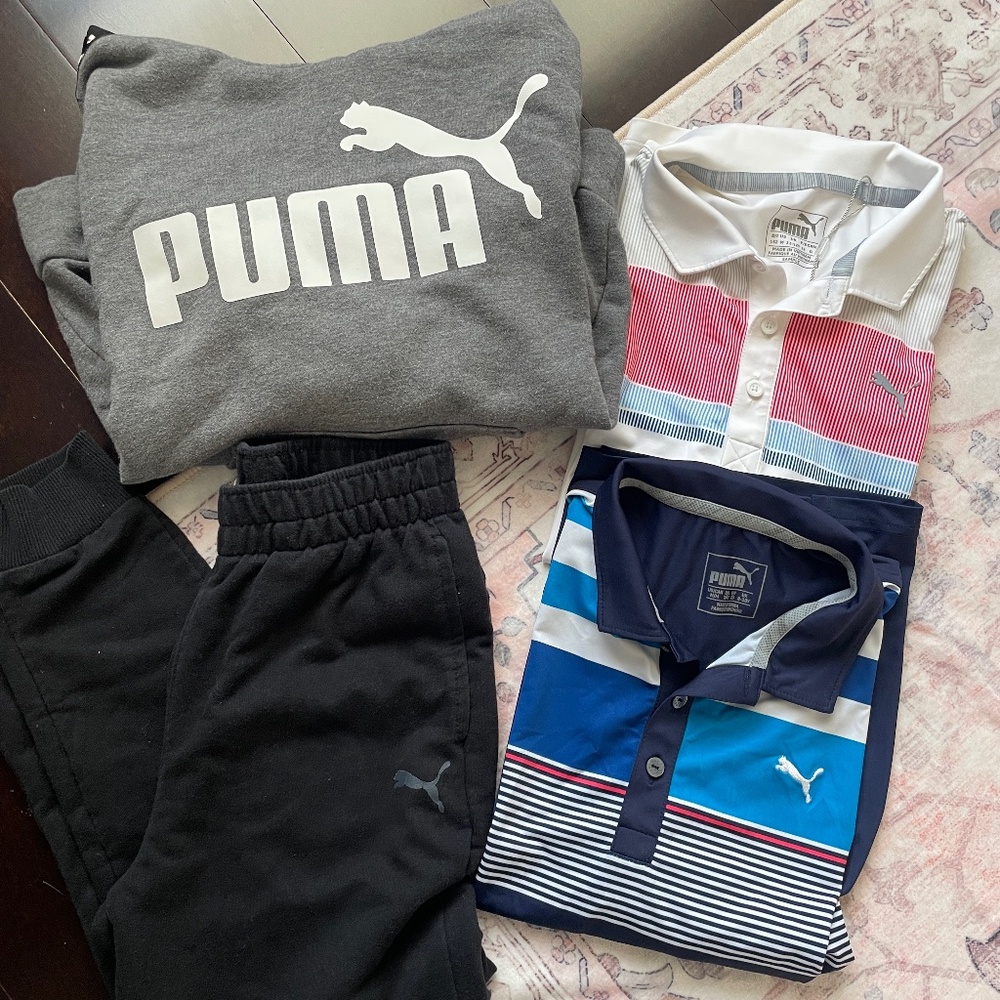 Lot of boys medium Puma hoodie, joggers and golf shirts